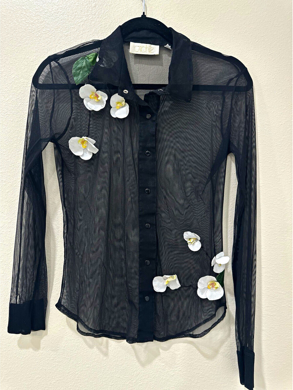 Vintage Caché Women Black Sheer Mesh Collared Button-Up Long Sleeve Top Size M